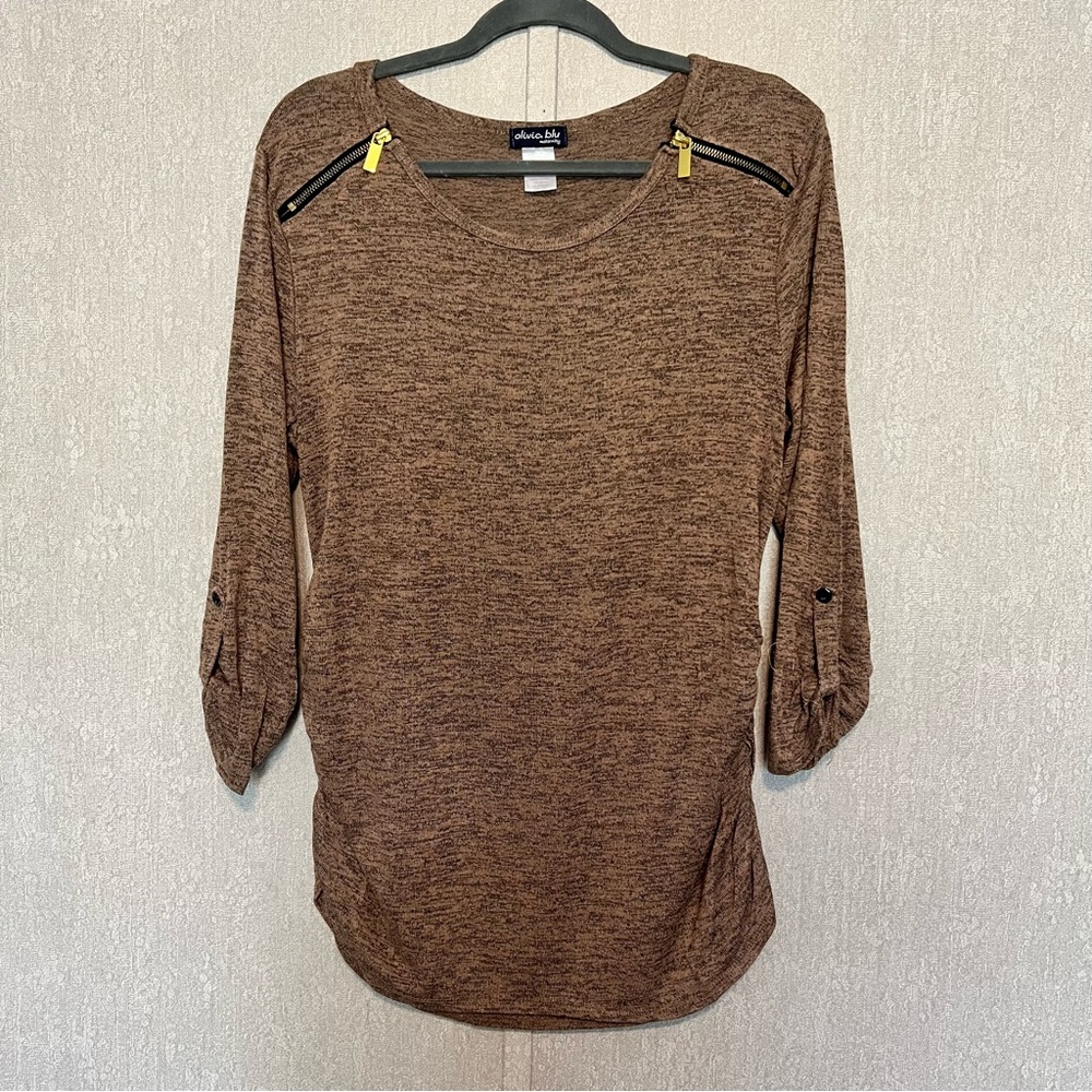 Olivia Blu Maternity 3/4 Sleeve Heather Brown Zipper Detail Lightweight Sweater
